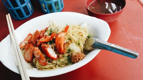 High angle view of food in plate on table