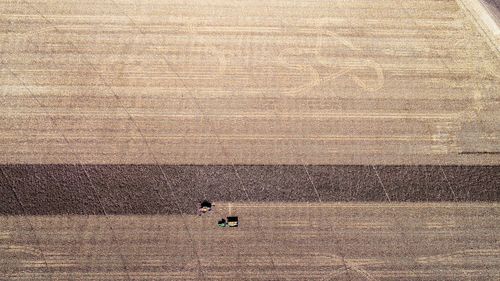 High angle view of tire tracks on field