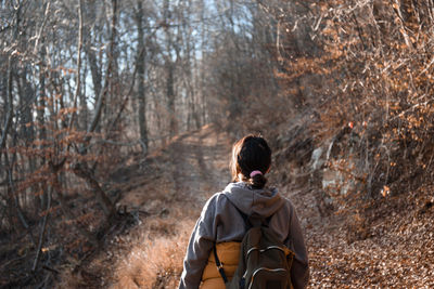 Rear view of young woman hiking on path through forest with bare trees in winter