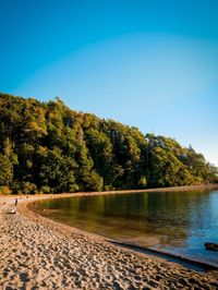 Scenic view of lake by trees against clear blue sky