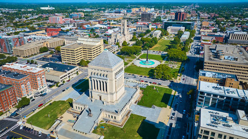 High angle view of buildings in city