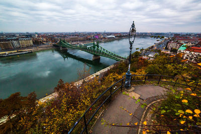 High angle view of river amidst buildings against sky