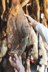 Man examining ham meat hung in slaughterhouse