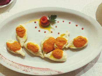 High angle view of breakfast served on table