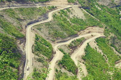 High angle view of road amidst trees