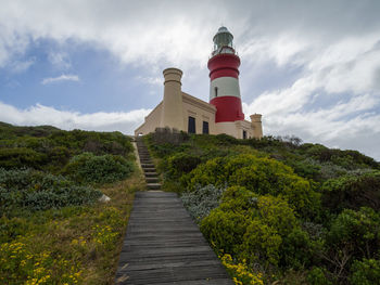 Lighthouse amidst grass against sky