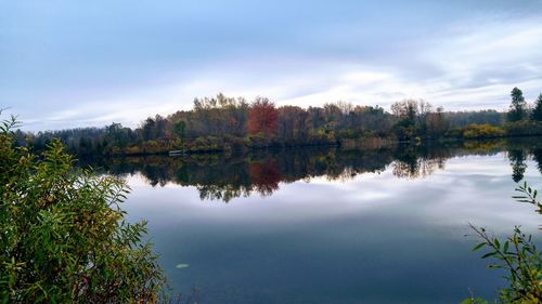 Reflection of trees in lake against sky