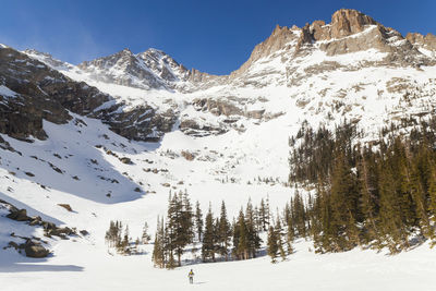 Hiker below high peaks at black lake, rock mountain national park