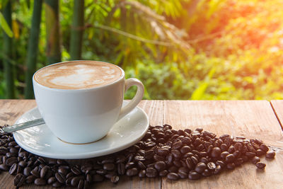 Cappuccino on roasted coffee beans