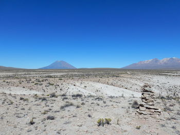 Scenic view of desert against clear blue sky