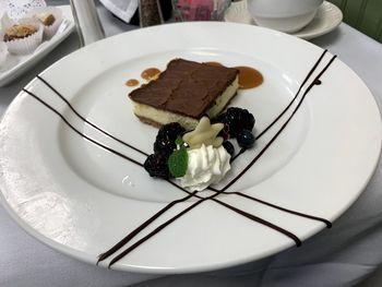 High angle view of cake in plate on table