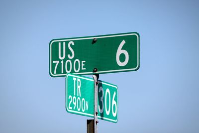 Low angle view of road signs against clear blue sky