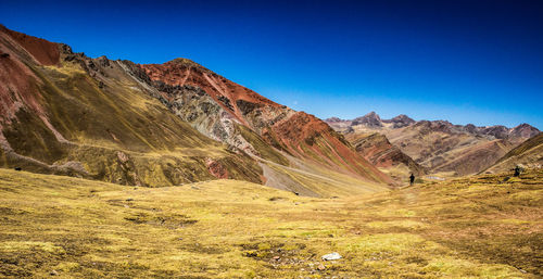 Scenic view of rocky mountains against clear blue sky