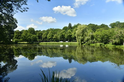 Scenic view of lake by trees against sky