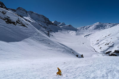 People on snowcapped mountain against sky