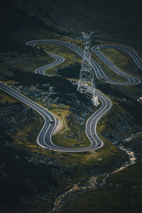 High angle view of illuminated road at night