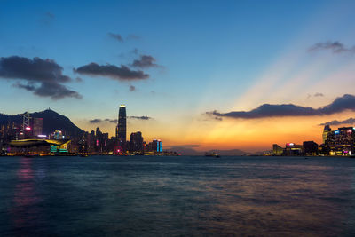 Scenic view of illuminated city buildings against sky during sunset