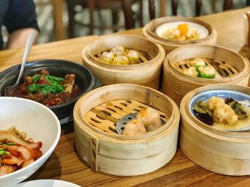 High angle view of food in baskets on table