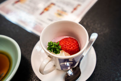 High angle view of breakfast on table
