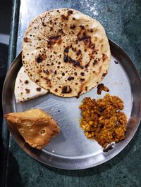 High angle view of food in plate on table