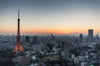 Aerial view of buildings in city during sunset