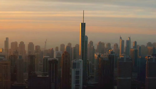 City skyline at sunset