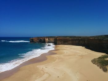 Scenic view of beach against clear blue sky