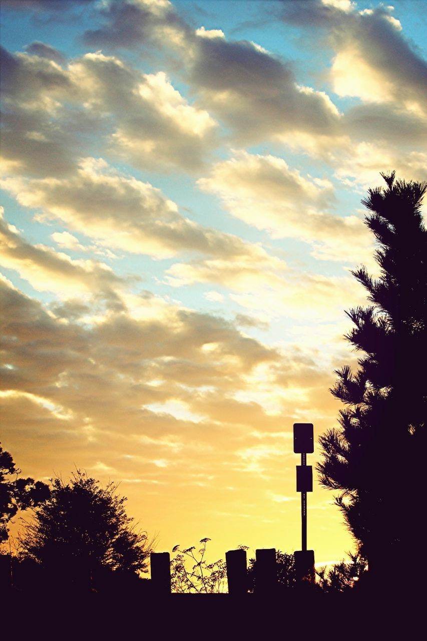 sunset, silhouette, tree, sky, cloud - sky, low angle view, beauty in nature, orange color, scenics, tranquility, tranquil scene, nature, cloud, idyllic, dramatic sky, cloudy, outdoors, no people, street light, outline