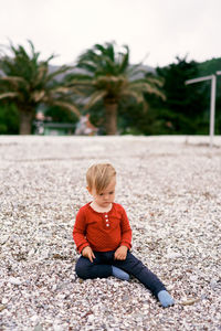 Rear view of boy sitting on pebbles