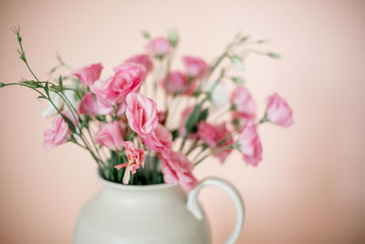 Close-up of pink flower vase against white background