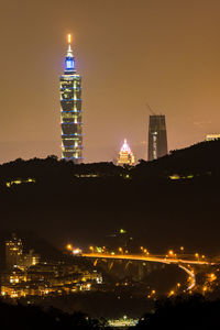 Illuminated buildings in city at night