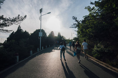 Rear view of people walking on road along trees