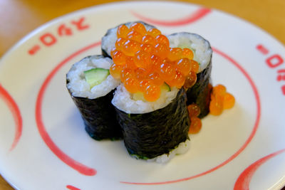 High angle view of sushi served on table