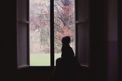 Rear view of a girl looking through window