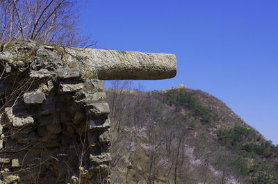 Low angle view of rock formation against clear blue sky