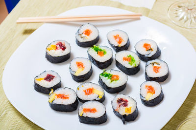 High angle view of sushi in plate on table