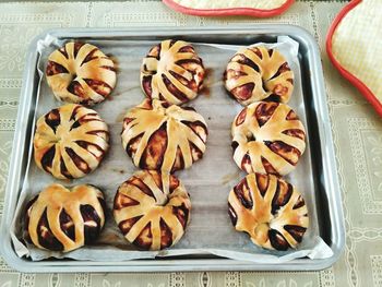 High angle view of dessert in baking sheet on table