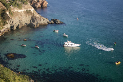 High angle view of boats in sea