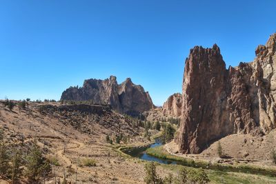 Landscape of a river in a small valley against rock formations at smith rock state park in oregon