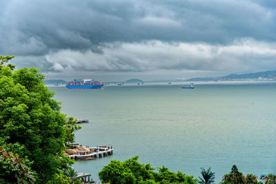 Scenic view of bay against sky