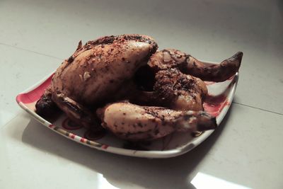 High angle view of cake in plate on table