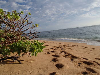 Low angle view of footprint on sand against cloudy sky