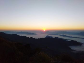 Scenic view of silhouette mountains against sky during sunset