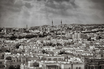 High angle shot of townscape against sky