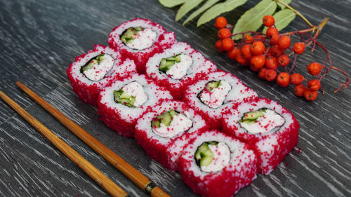 High angle view of sushi on table
