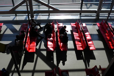 High angle view of people in gym