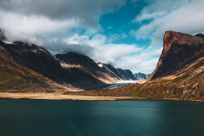 Scenic view of lake and mountains against sky