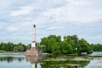 View of the pond with the chesme column in catherine park.