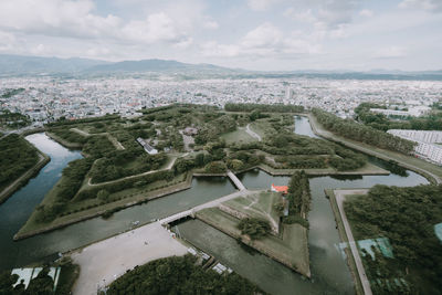 High angle view of cityscape against sky