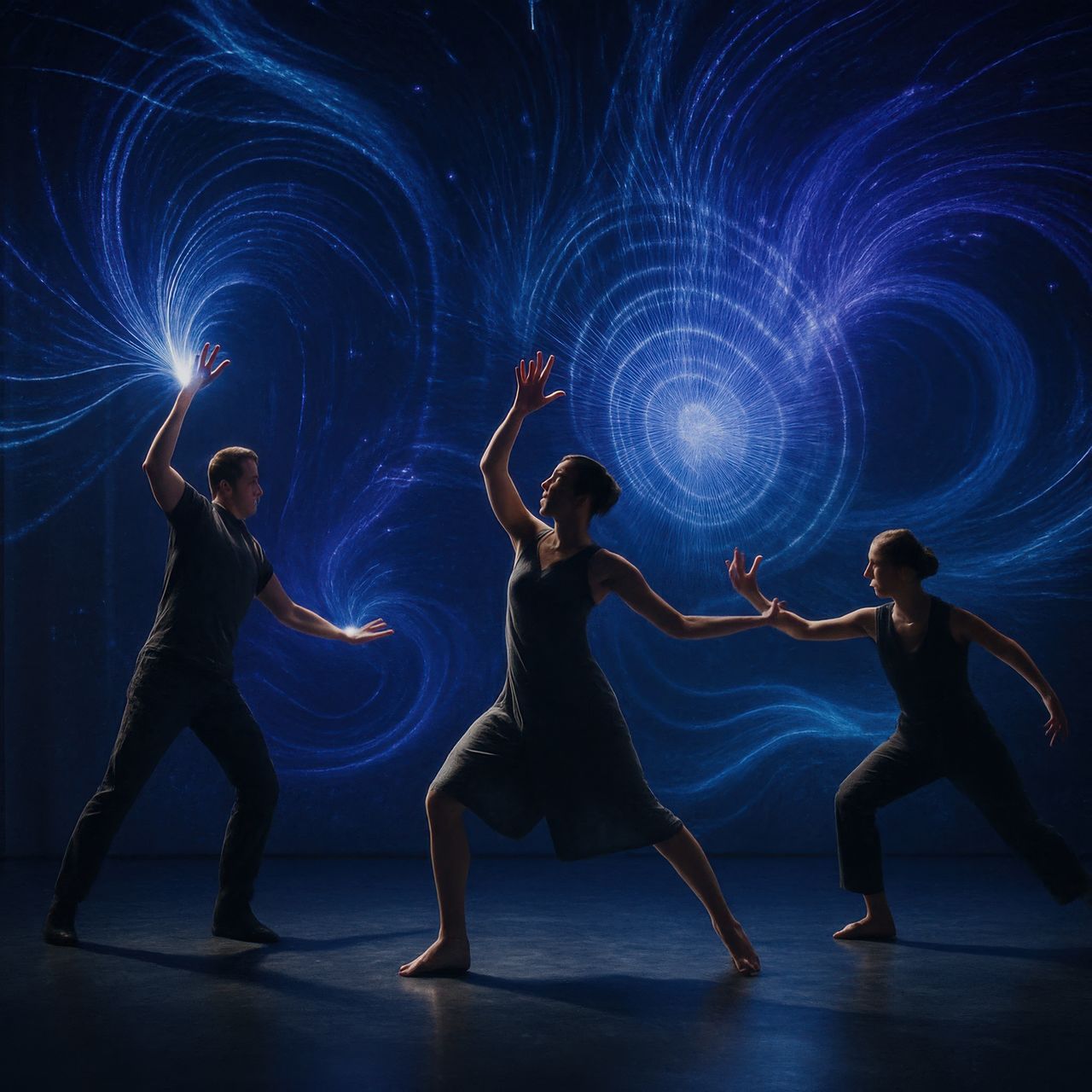 adult, motion, full length, night, women, indoors, young adult, blue, dancing, performing arts, female, arts culture and entertainment, star, illuminated, performance, studio shot, men, group of people
